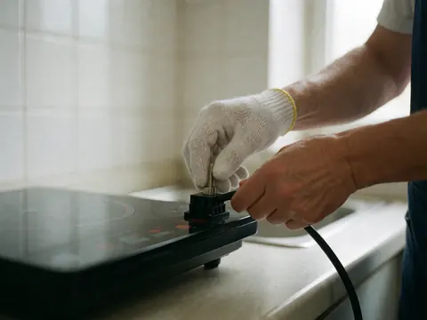 Close-up of a gloved hand connecting a black cable to an induction stove in a kitchen with white tiled walls and soft lighting.