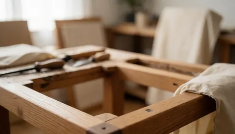 Wooden frame in upholstery process with tools and soft fabrics in a warm artisan workshop