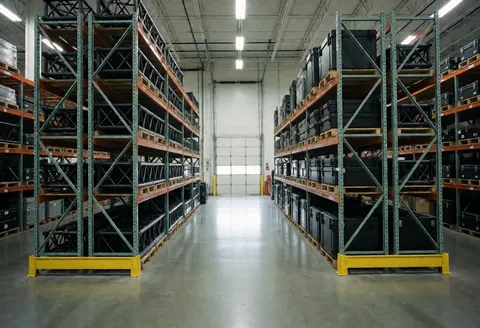 Empty industrial warehouse with tall metal shelves, black event trusses, boxes, fluorescent lighting, and polished floor ready for business.