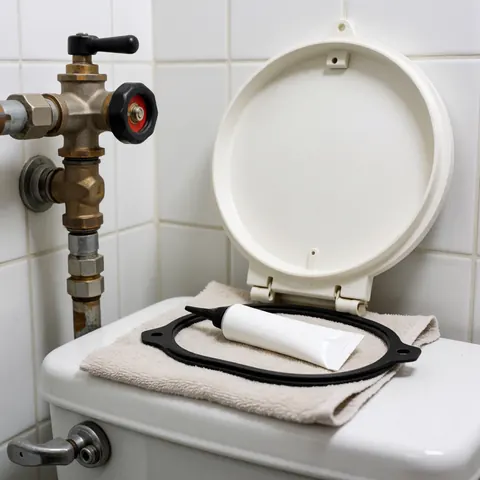 White sealant tube and black rubber gasket for toilet repair placed on a white towel against a tiled wall background