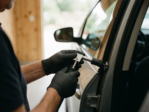 Close-up of a black gloved hand using an air tool on a car door with a wooden wall background and natural light