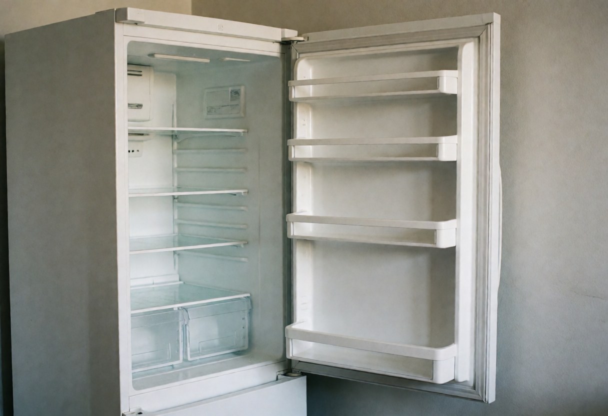 Open white refrigerator showing empty shelves and drawers against gray walls with natural lighting, suitable for appliance repair services