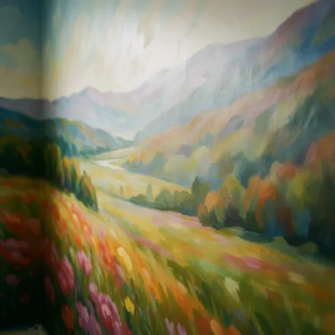 Colorful hand-painted mural featuring a mountain landscape and vibrant flowers on an interior wall, suitable for decorative purposes.