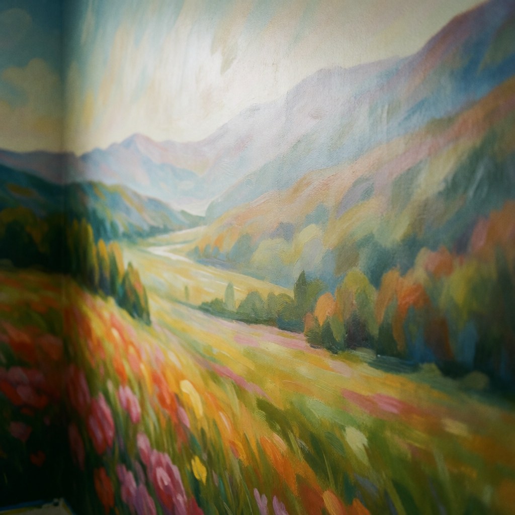 Colorful hand-painted mural featuring a mountain landscape and vibrant flowers on an interior wall, suitable for decorative purposes.