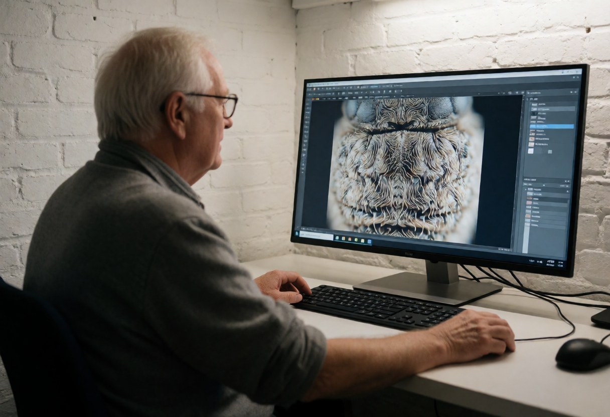 Macro photographer editing a detailed insect image on a large monitor in an office with white brick walls