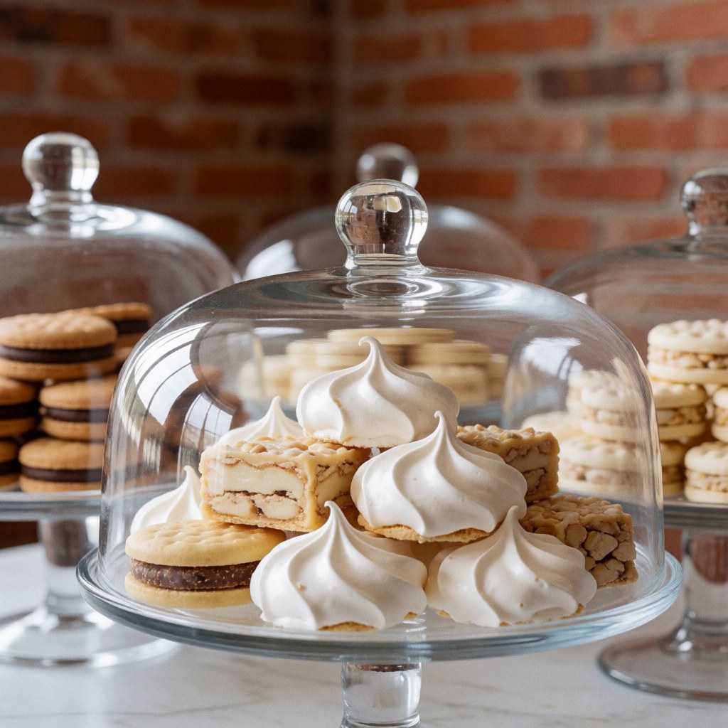 Traditional sweets like alfajores and meringue in glass display cases on a white table with a red brick wall background