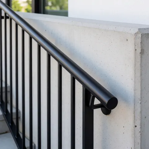 Matte black steel handrail with vertical balusters attached to a light gray concrete wall in a modern architectural setting.