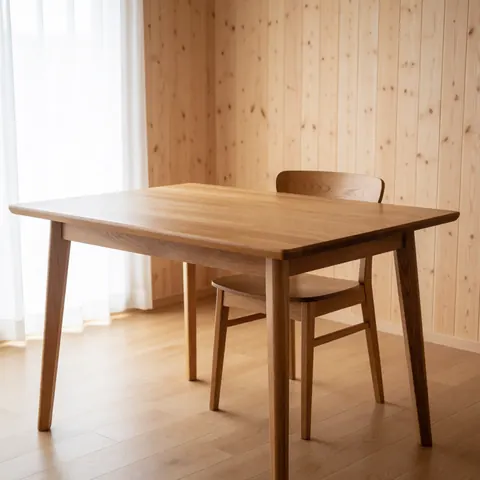 Wooden dining table and chair in a room with wood panel walls and natural light from a window.