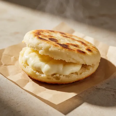 Open golden arepa topped with melted white cheese, steam rising, served on brown paper over a stone surface