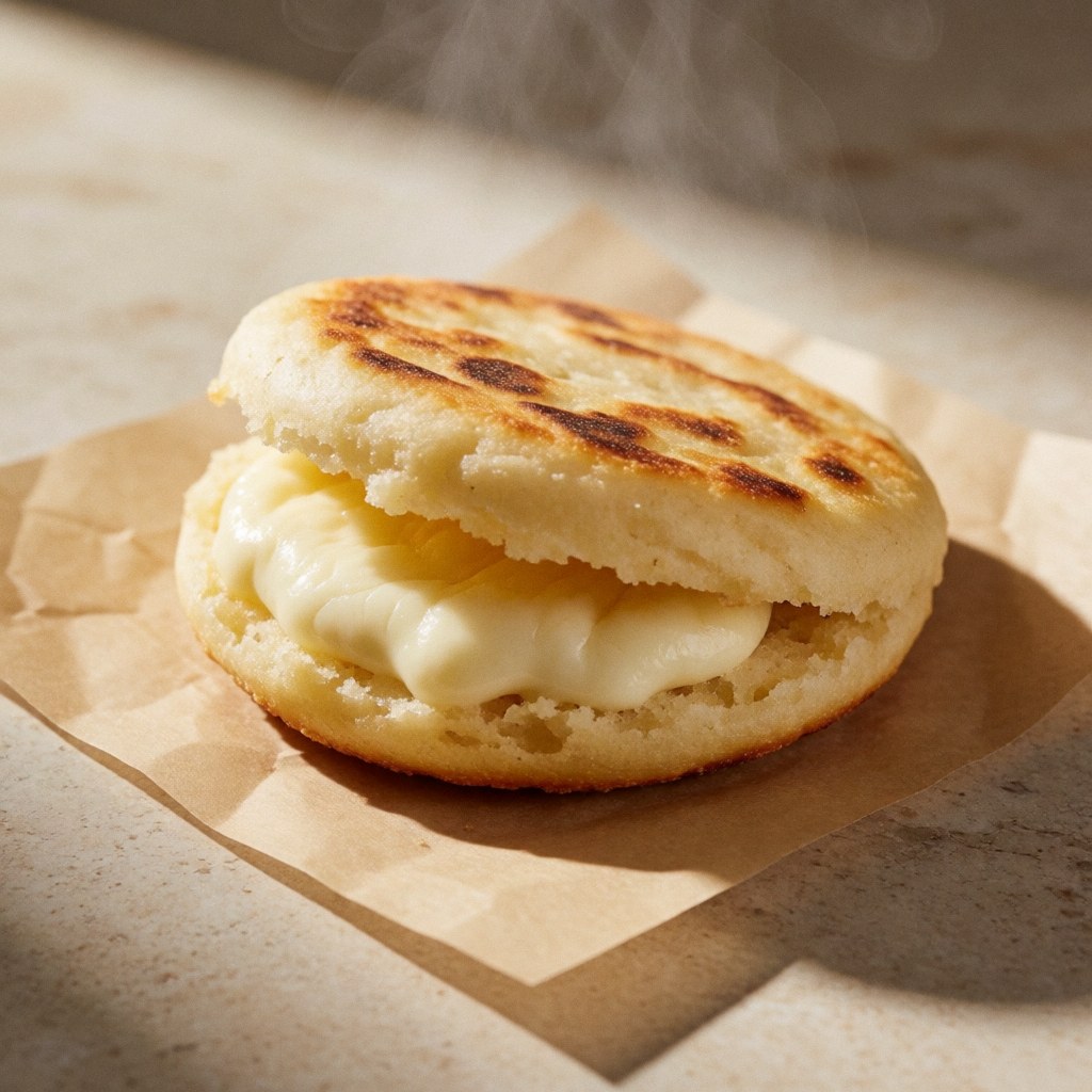 Open golden arepa topped with melted white cheese, steam rising, served on brown paper over a stone surface
