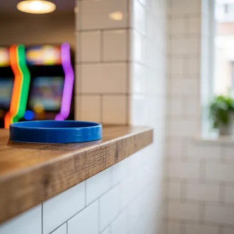 A bright blue wristband rests on a textured wooden counter with white tiled walls and blurred arcade lights in the background