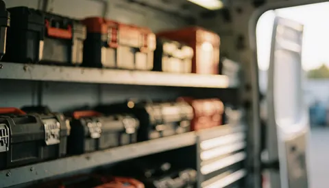 Interior of a service van featuring metal shelves, black and red toolboxes, and warm lighting, suitable for commercial text backgrounds.