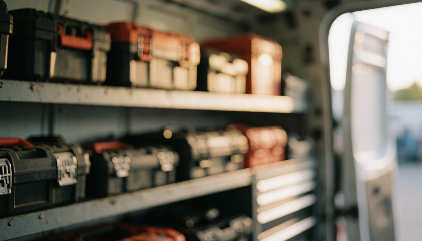 Interior of a service van featuring metal shelves, black and red toolboxes, and warm lighting, suitable for commercial text backgrounds.