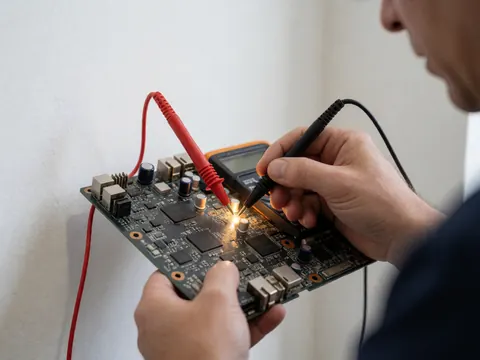 Close-up of a multimeter probe testing a connection on an electronic circuit board during TV repair, with hands visible against a white background.
