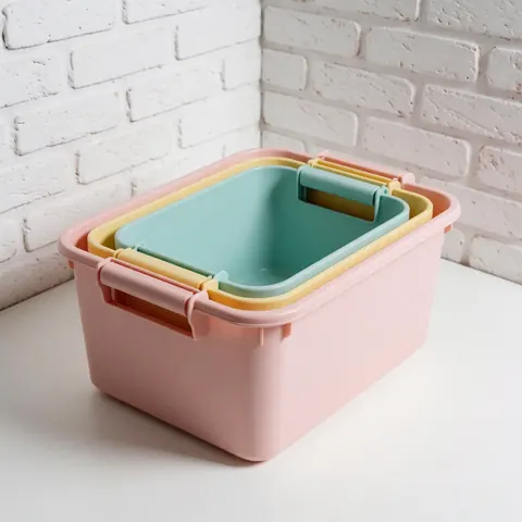 Three nested pastel plastic storage boxes placed on a white surface against a white brick wall, ideal for home or office organization.