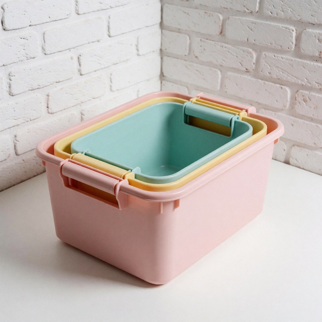 Three nested pastel plastic storage boxes placed on a white surface against a white brick wall, ideal for home or office organization.