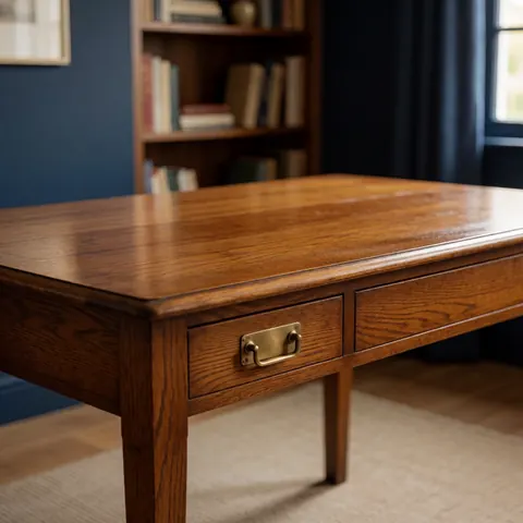 Restored antique wooden table with glossy finish, sturdy legs, and bronze drawer handles in an office with a bookshelf and dark blue wall.