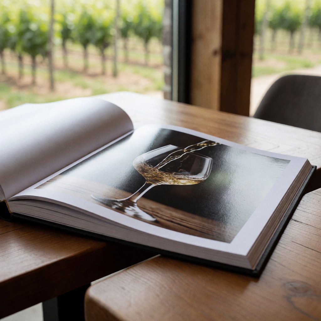 Open professional photography book on a wooden table showing wine being poured with vineyards visible through a window in the background.
