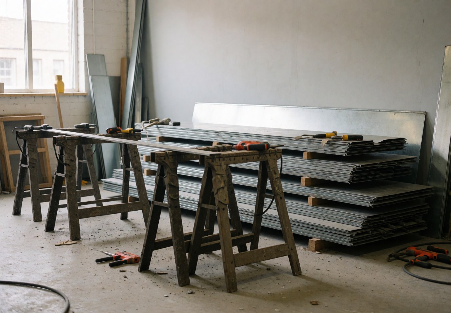Wood planks resting on supports in a workshop with tools, stacked metal sheets, dusty floor, and natural light from a window