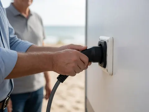 Close-up of an adult hand connecting an electrical cord to a wall outlet on a caravan with a blurred beach background