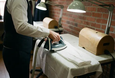 Professional tailor in uniform pressing a white shirt on a wooden sleeve board in a brick-walled sewing workshop with work lights.