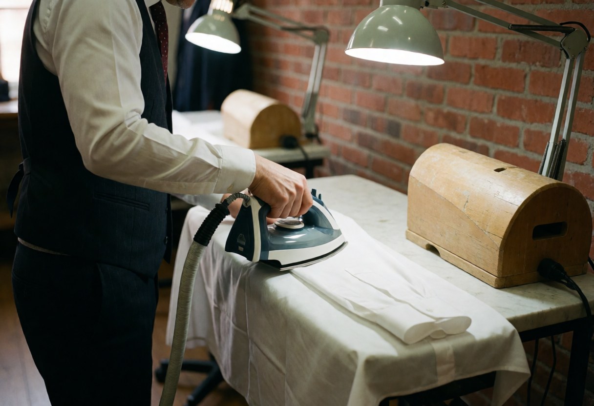 Professional tailor in uniform pressing a white shirt on a wooden sleeve board in a brick-walled sewing workshop with work lights.