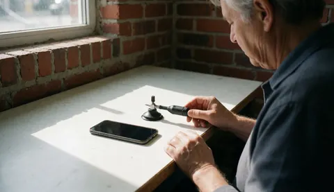 Technician repairing a cell phone using a suction tool on a white table with a red brick wall and natural light from a window.