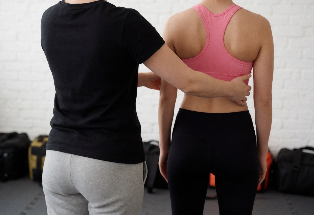 A female boxing instructor adjusts the posture of a student during a training session in a gym with white brick walls and sports equipment in the background.