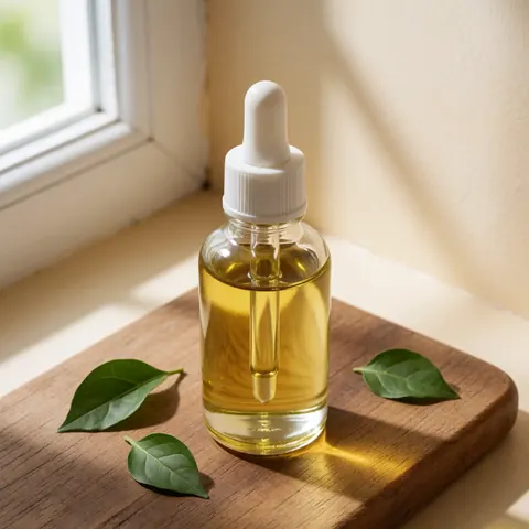 Glass essential oil bottle with dropper on a wooden surface with green leaves, natural light, ideal for geriatric massage products