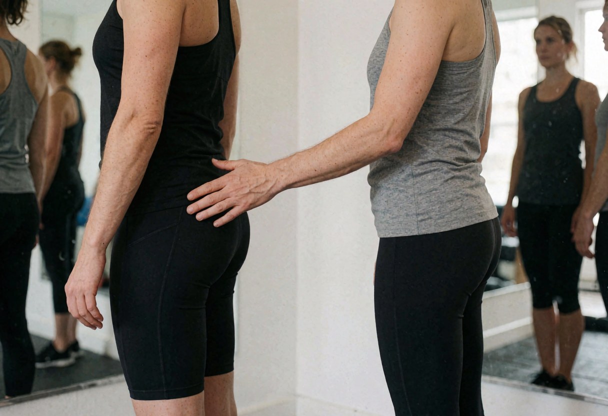 Female boxing instructor adjusts a student's posture in a mirrored training studio