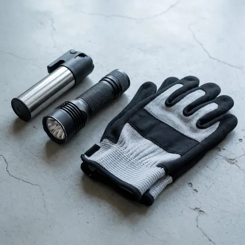 Training gloves, tactical flashlight, and pepper spray arranged on a gray concrete surface for urban safety and protection.