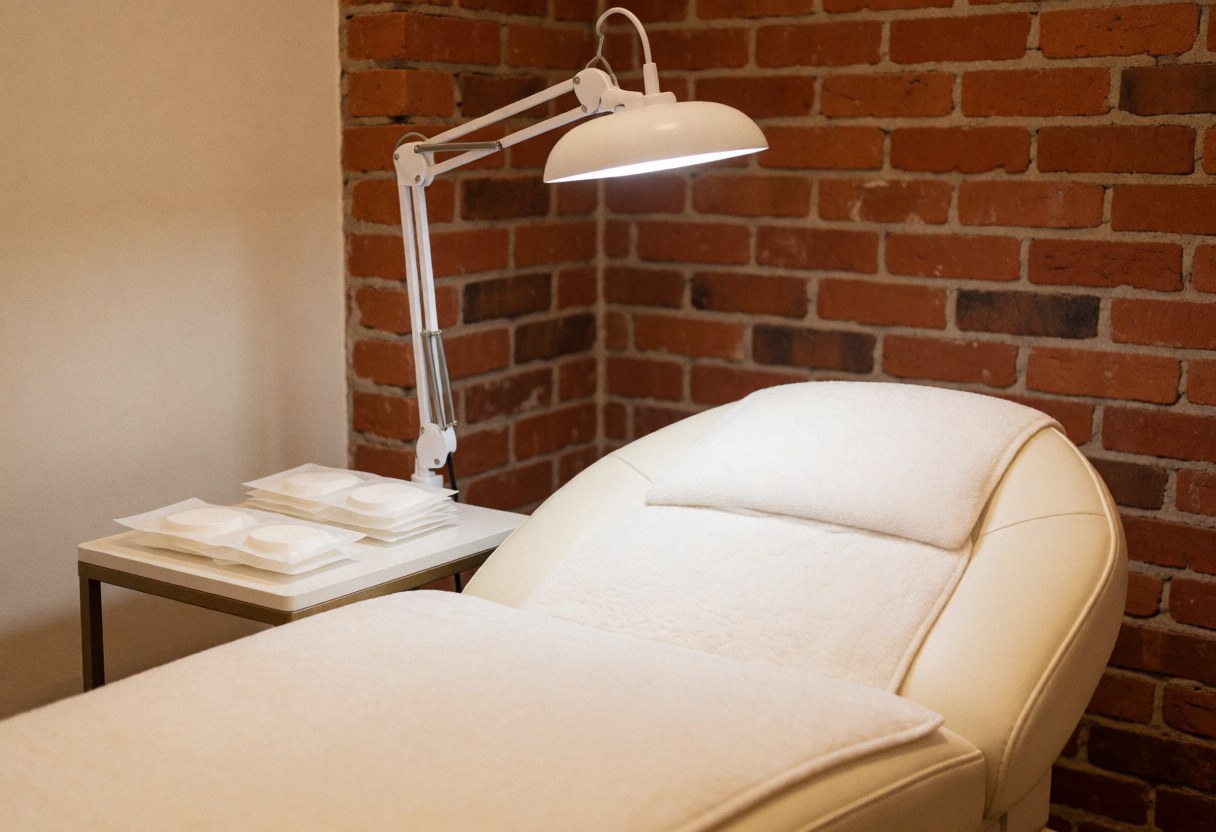 White treatment bed with adjustable lamp against red brick wall ready for service
