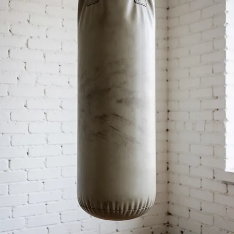 Worn leather boxing bag hanging in a white brick corner illuminated by natural light
