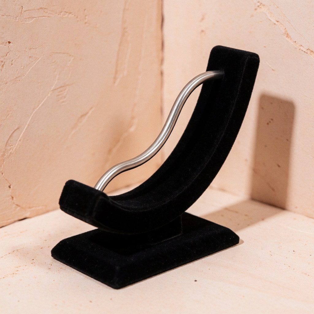 Curved titanium barbell piercing jewelry displayed on a black velvet stand against a light terracotta wall with soft studio lighting