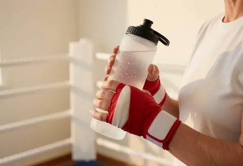 Woman with red and white hand wraps holding a condensation-covered water bottle inside a boxing ring with white ropes and warm lighting