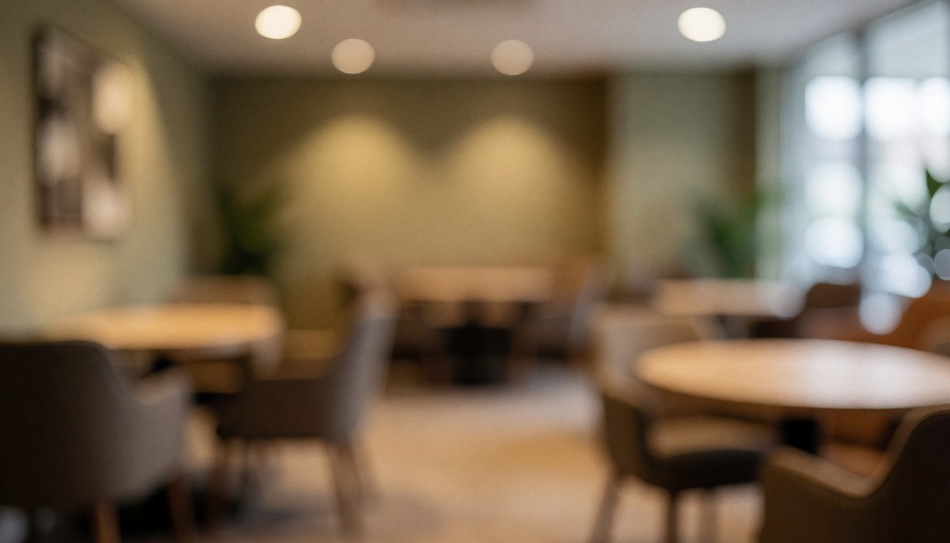 Blurred background of a meeting room with round tables, chairs, warm lighting, and earth-toned walls, ideal for community events.