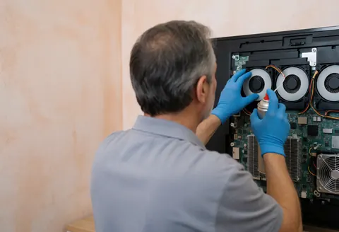 Technician using compressed air to clean internal TV fans, revealing circuit boards and heat sinks in a workshop setting