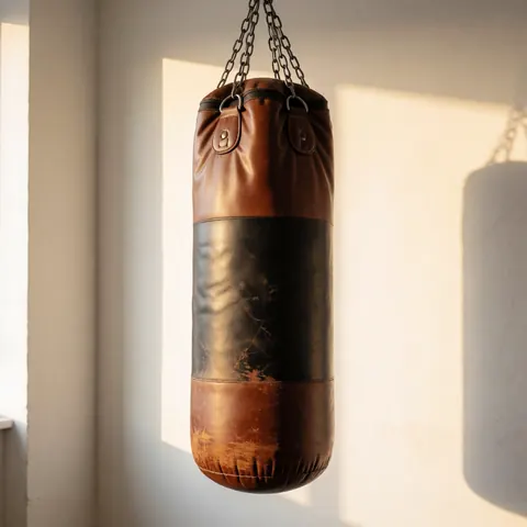 Worn leather boxing bag hanging from chains against a white wall with natural light and soft shadows