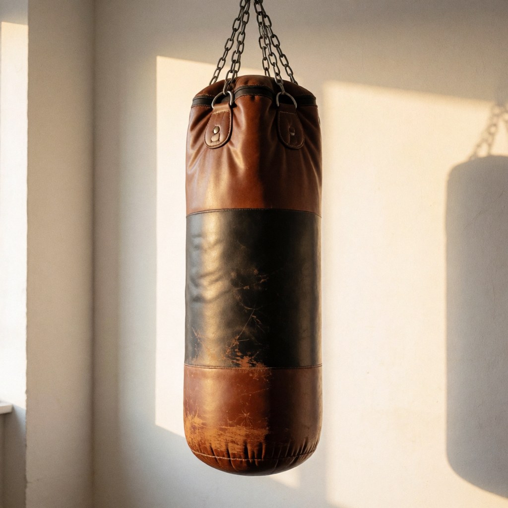 Worn leather boxing bag hanging from chains against a white wall with natural light and soft shadows