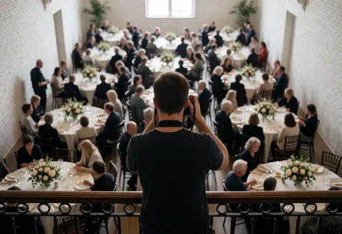 A professional photographer takes photos from a balcony overlooking a banquet hall with round tables, flowers, and seated guests.