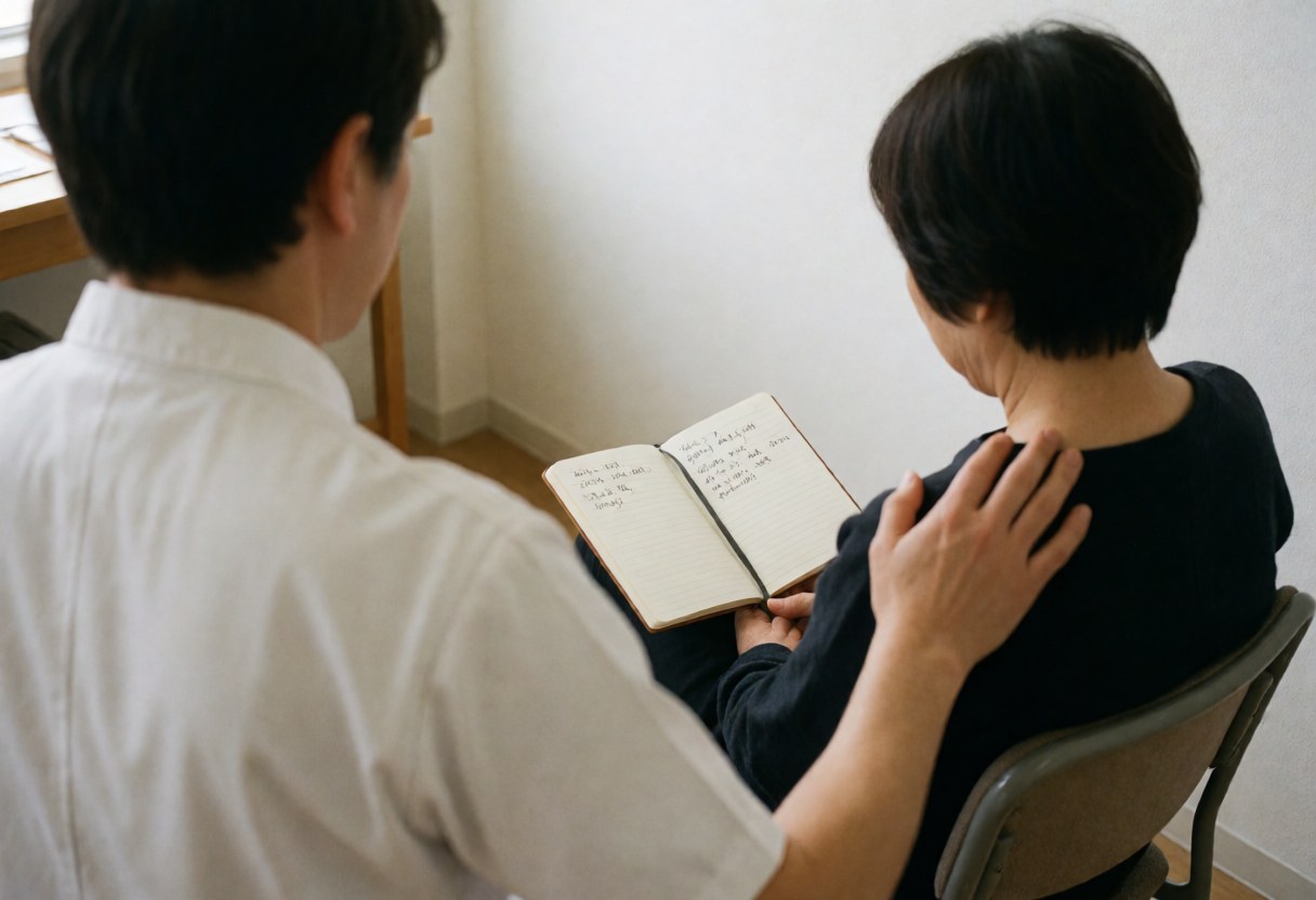Professional hypnotherapist in white uniform guiding a seated patient holding an open notebook, hand on shoulder, natural light