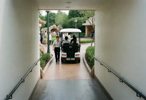 Service professional walks beside accessible transport vehicle in theme park with landscaped background and visitors under natural light