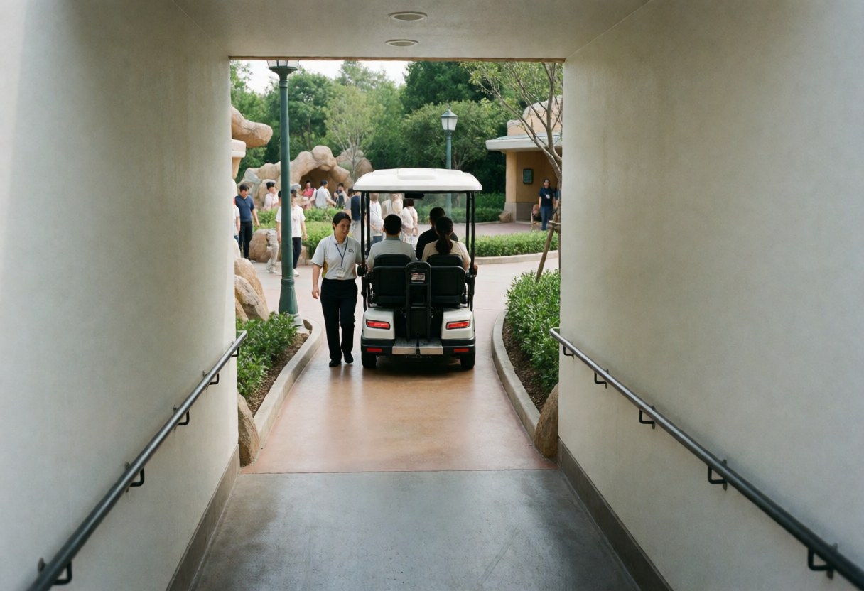 Service professional walks beside accessible transport vehicle in theme park with landscaped background and visitors under natural light