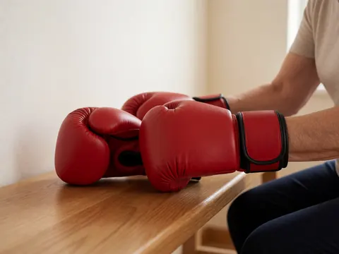 A red boxing glove resting on a wooden bench against a warm white wall with soft natural light