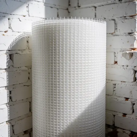 White fiberglass mesh roll with visible grid pattern resting against a white painted brick wall under direct sunlight casting sharp shadows