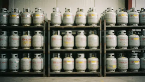 Metal shelving units holding propane gas tanks in a warehouse with a blurred background suitable for commercial text overlay