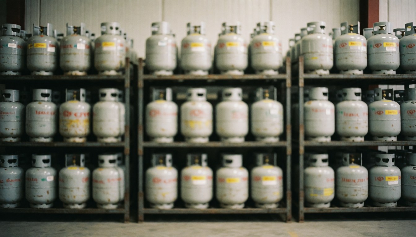 Metal shelving units holding propane gas tanks in a warehouse with a blurred background suitable for commercial text overlay