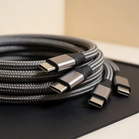 High-quality braided usb-c cables with shiny metal connectors arranged on a black antistatic surface for console repair products