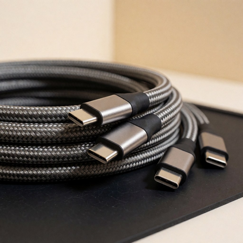 High-quality braided usb-c cables with shiny metal connectors arranged on a black antistatic surface for console repair products