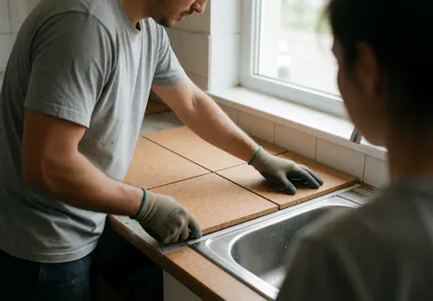 Installer placing a cork floor tile near a stainless steel sink with natural light from a window